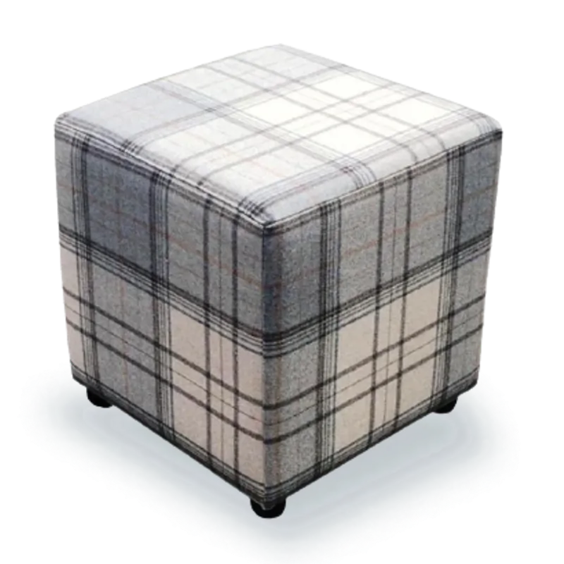 Grey Tartan Fabric Cube Seating Stool