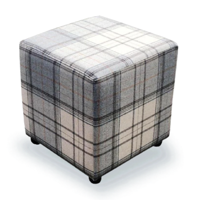 Grey Tartan Fabric Cube Seating Stool