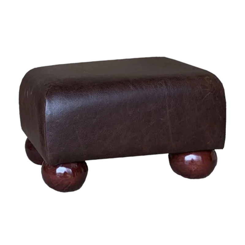 Italian Leather Small Footstools Dark Brown Aged Leather - Mahogany Wood Bun Feet