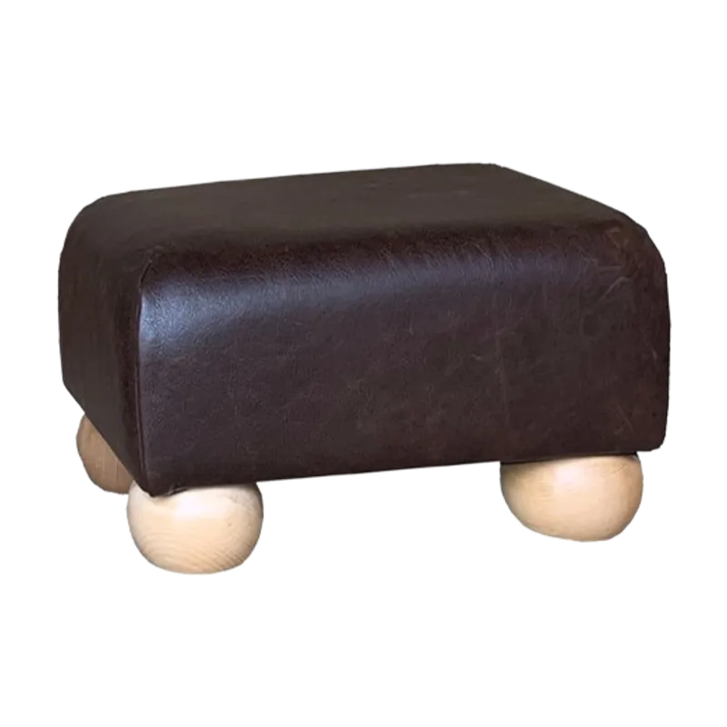 Italian Leather Small Footstools Dark Brown Aged Leather - Natural Wood Bun Feet