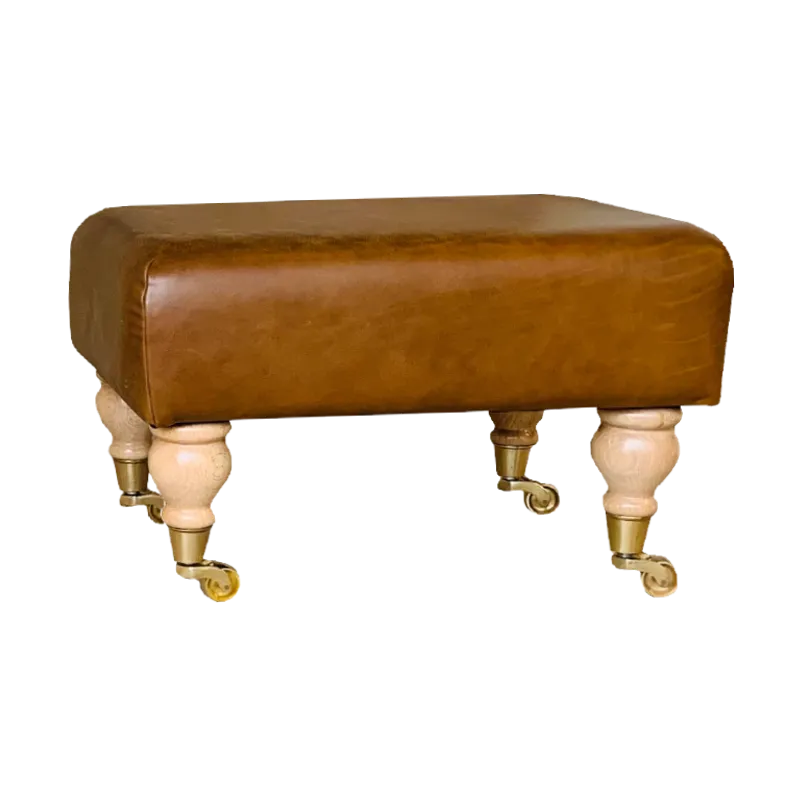 Italian Leather Large Footstools Tan Aged Leather (Brown) - Natural Wood Caster Leg