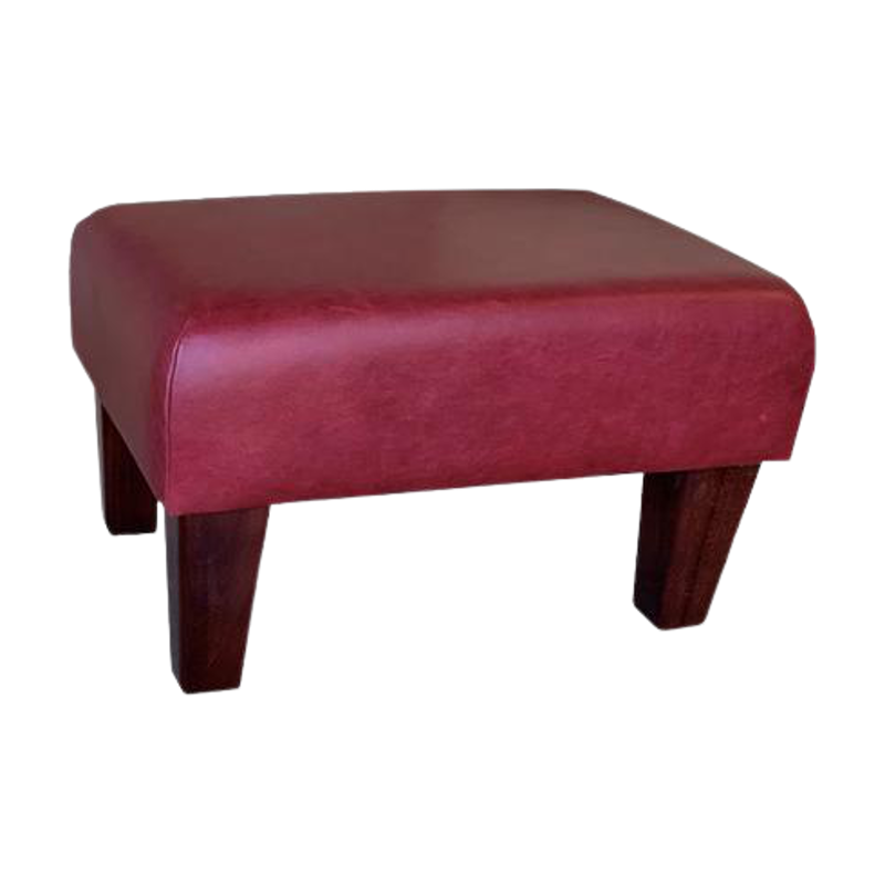 Italian Leather Large Footstools Claret Aged Leather (Red) - Mahogany Wood Contemporary Leg