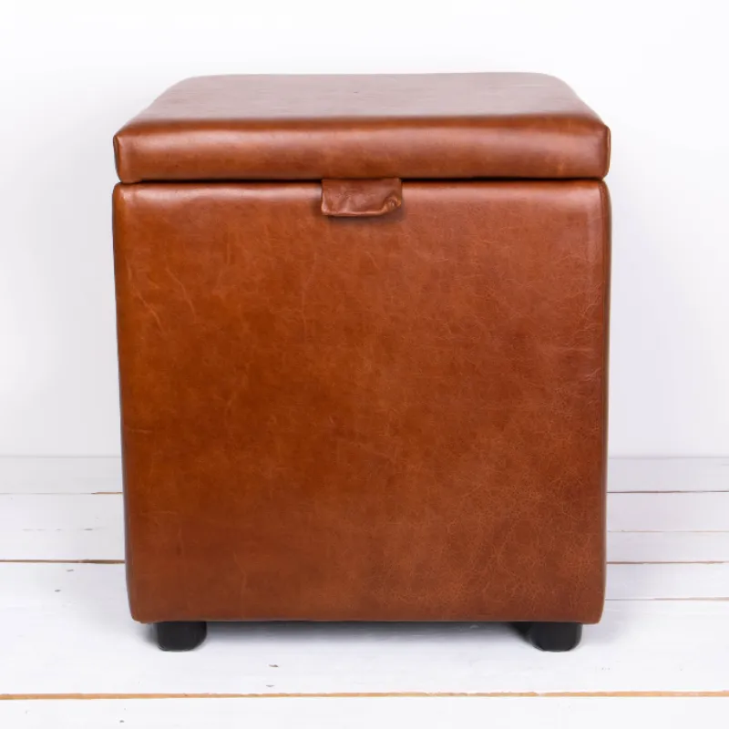 Cube Storage Ottomans Rust Aged Leather (Brown)