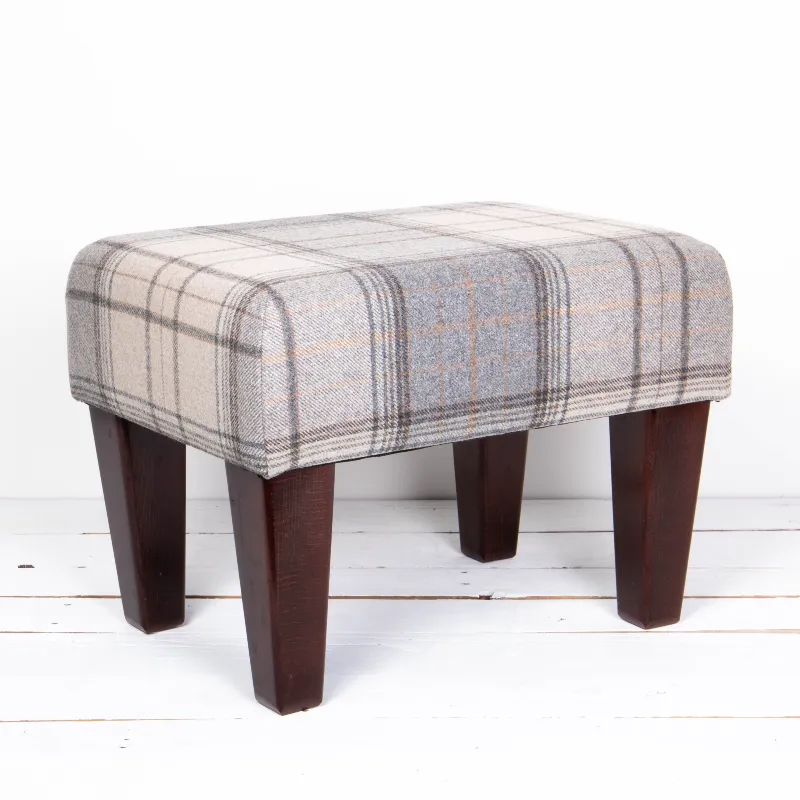 Tartan Material Large Footstools Grey Tartan Fabric - Mahogany Wood Contemporary Leg