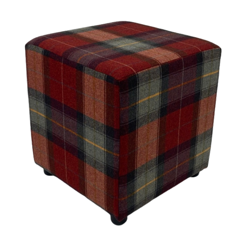 Grey Tartan Fabric Cube Seating Stool