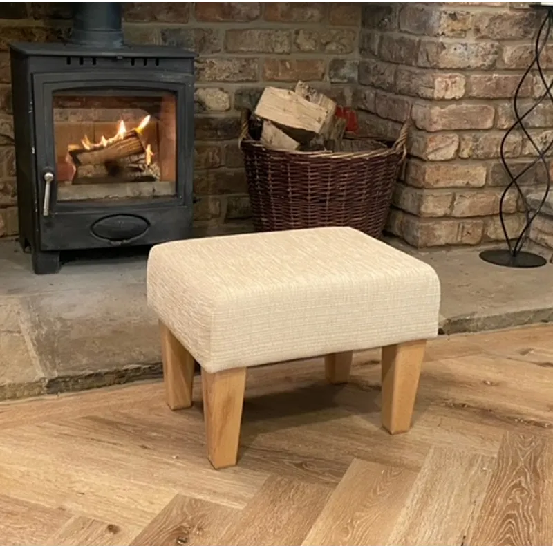 Fabric Material Large Footstools Ivory Portobello Fabric (Cream) - Natural Wood Contemporary Leg