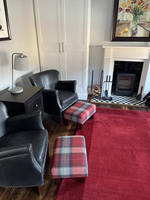 Tartan Material Large Footstools Tartan - Claret Red - Mahogany 